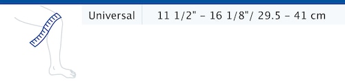Size chart showing measurements for Actimove Sports Edition Knee Support Open Patella Adjustable
