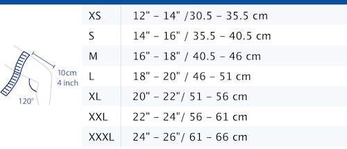 Size chart showing measurements for Actimove Sports Edition Knee Support Open Patella
