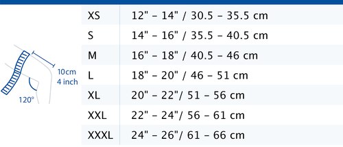 Size chart showing measurements for Actimove Sports Edition Knee Stabilizer with Adjustable Horseshoe and Stays
