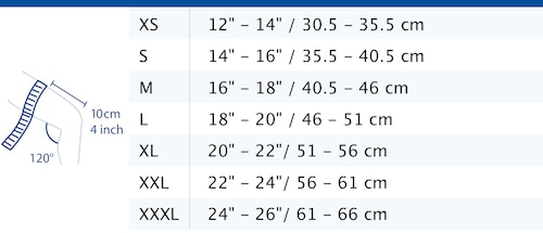 Size chart showing measurements for Actimove Sports Edition Knee Stabilizer with Adjustable Horseshoe and Stays
