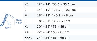 Size chart showing measurements for Actimove Sports Edition Knee Support Closed Patella
