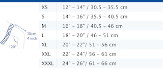 Size chart showing measurements for Actimove Knee Brace with Adjustable Horseshoe, Simple Hinges and Condyle Pads
