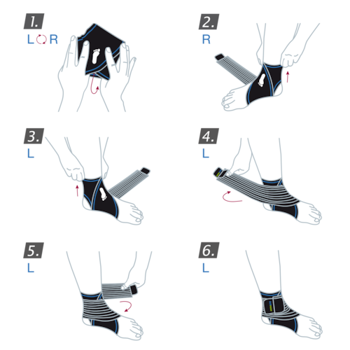 How to put on the Actimove Sports Edition Ankle Support Elastic Wrap Around: pull the support around your ankle and fasten the straps
