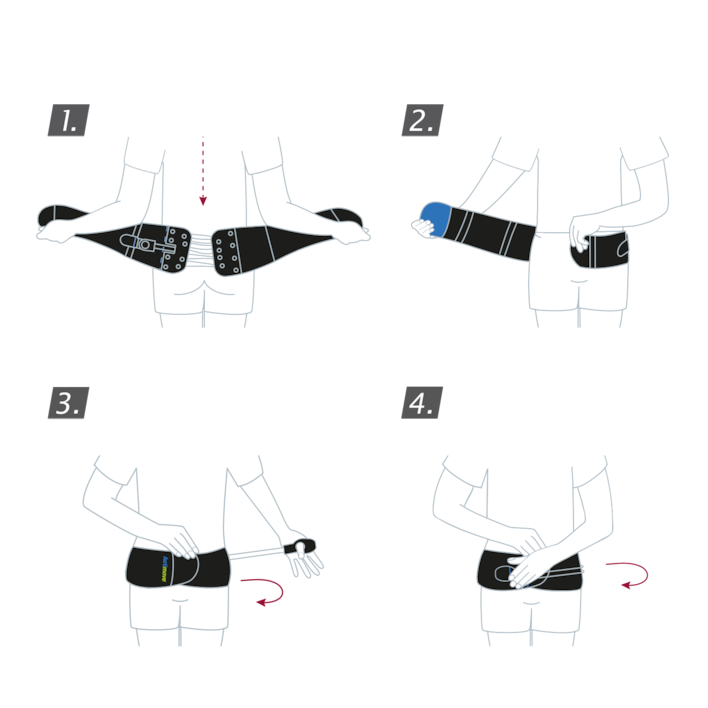 How to put on the Actimove Sports Edition Back Stabilizer with Pressure Pads: wrap the support around your waist, close the fastener and pull the back panels together with the thumb loop
