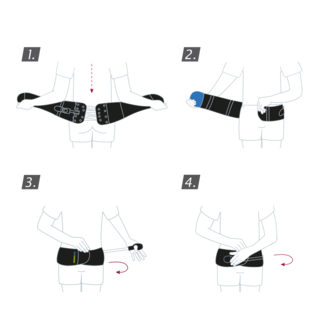 How to put on the Actimove Sports Edition Back Stabilizer with Pressure Pads: wrap the support around your waist, close the fastener and pull the back panels together with the thumb loop