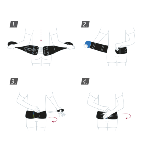 How to put on the Actimove Sports Edition Back Stabilizer with Pressure Pads: wrap the support around your waist, close the fastener and pull the back panels together with the thumb loop
