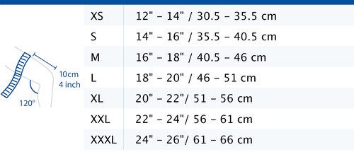 Size chart showing measurements for Actimove Sports Edition PF Knee Brace, Lateral Support, Simple Hinges, Condyle Pads, J-Shaped Buttress
