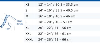 Size chart showing measurements for Actimove Sports Edition Knee Brace Wrap Around with Simple Hinges and Condyle Pads
