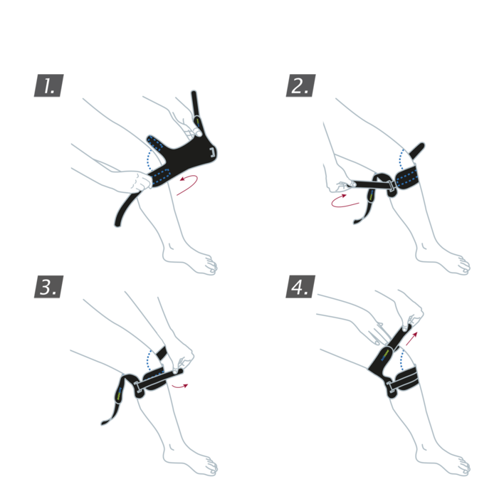 How to put on the Actimove Sports Edition Dual Knee Strap: Wrap brace around your leg and secure the straps
