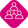 Pictogram dat mensen met elkaar verbindt op roze achtergrondkleur.