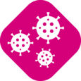 Icono que muestra múltiples partículas de bacterias sobre un fondo de color rosa.