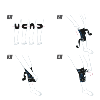 How to put on the Actimove Sports Edition Knee Stabilizer: Step inside your stabilizer, pull it up your leg and secure the straps