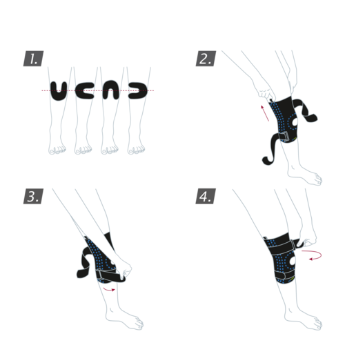 How to put on the Actimove Sports Edition Knee Stabilizer: Step inside your stabilizer, pull it up your leg and secure the straps
