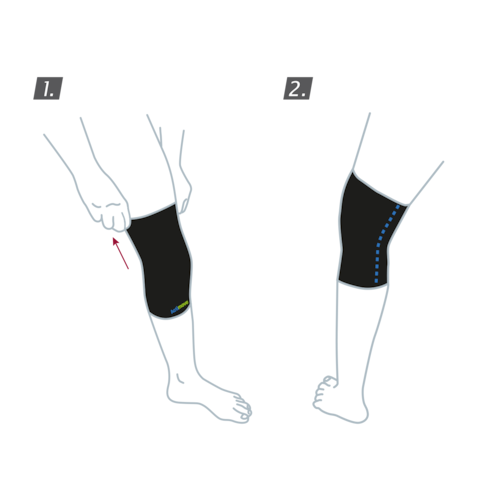 How to put on the Actimove Sports Edition Knee Support Closed Patella: Pull the knee support up your leg and over your knee
