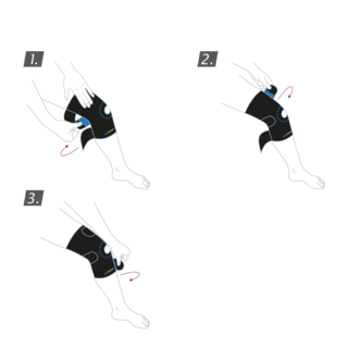 Så tar du på dig Actimove Sport Edition justerbart knästöd med öppen patella: Linda stödet runt knät och stäng remmen

