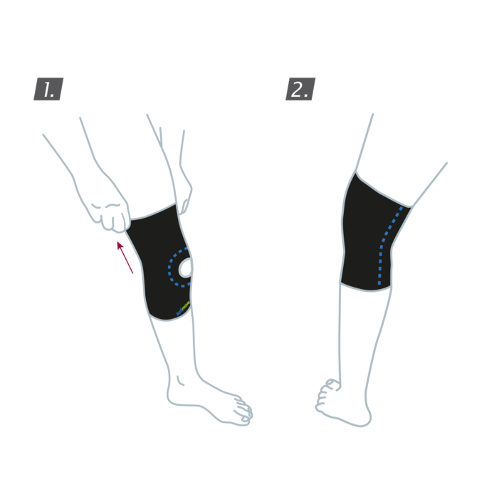 How to put on the Actimove Sports Edition Knee Support Open Patella: Pull the knee support up your leg and over your knee
