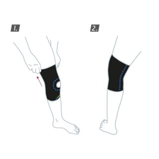 How to put on the Actimove Sports Edition Knee Support Open Patella: Pull the knee support up your leg and over your knee