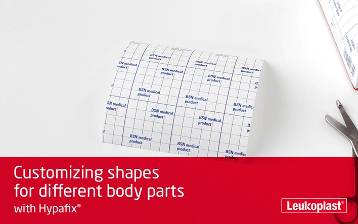 Here we demonstrate that Hypafix stretch medical tape is suitable for use on different parts of the body. We see the hands of an HCP cutting to size five different shapes.
