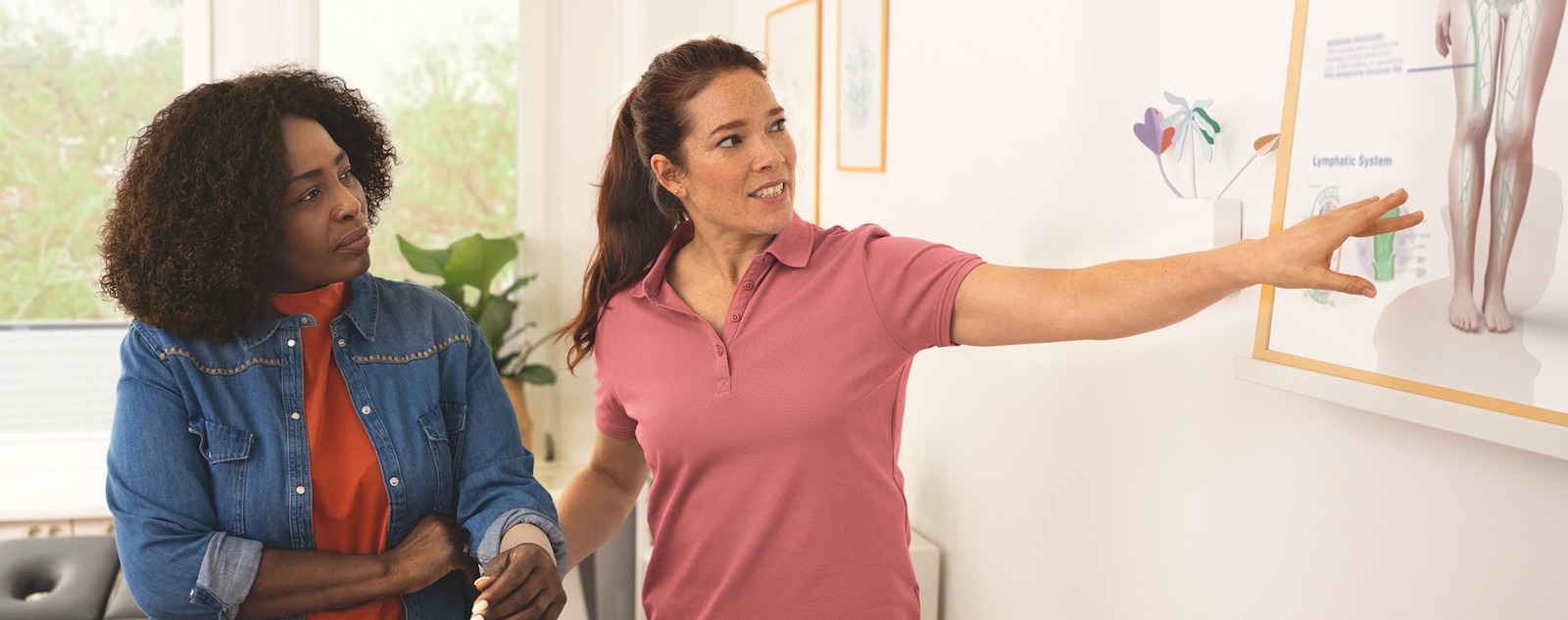 A physical therapist points to a lymphatic system diagram while a patient looks on.