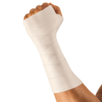 Hand wrapped in Leukotape Classic strapping tape