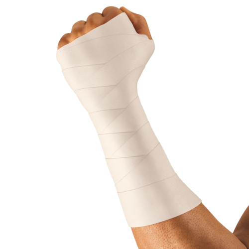 Hand wrapped in Leukotape Classic strapping tape