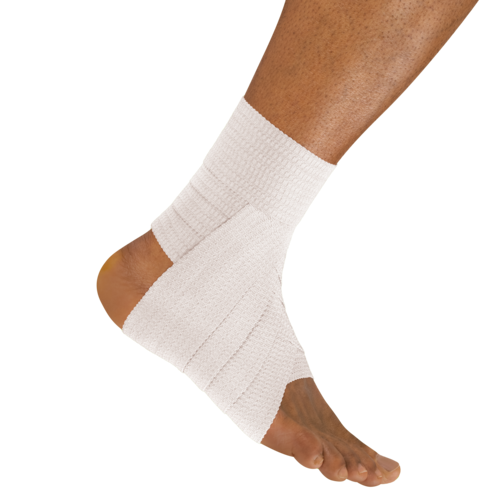 An individual with their ankle taped with Lightplast pro elastic adhesive bandage 