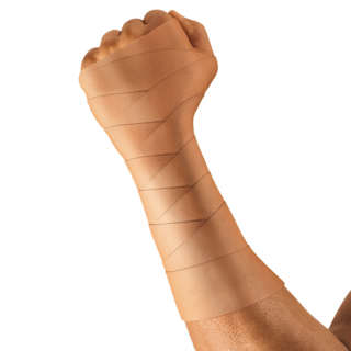 Hand wrapped in Leukotape P strapping tape