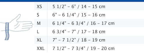 Size chart showing measurements for Actimove Professional Line ManuMotion Wrist Support
