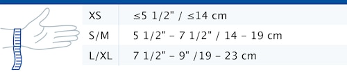 Size chart showing measurements for Actimove Professional Line Manus Forte Wrist Brace
