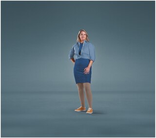 A woman standing against a plain blue background with one hand on her hip and the other on her thigh, wearing a blue shirt, blue skirt, orange shoes, and JOBST Relief compression stockings.