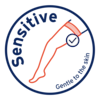 An icon of a leg in a compression stocking labeled 'Sensitive, gentle to the skin' to represent its gentle to skin technology.