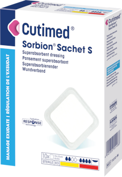 Die Abbildung zeigt eine Packung von Cutimed® Sorbion® Sachet S 