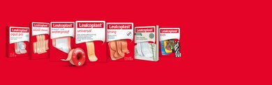 Variants of Leukoplast plasters for self-treatment: various wound dressings and fixation tape.