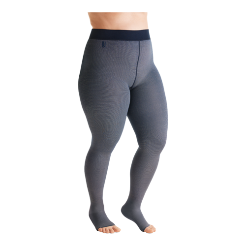 Person wearing a JOBST confidence grey full length open toe compression garment.