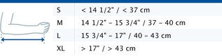 Size chart showing measurements for Actimove Professional Line Mitella Comfort Arm Sling
