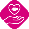 Symbol of a hand holding a heart with a feather to visualize that the product is skin-friendly
