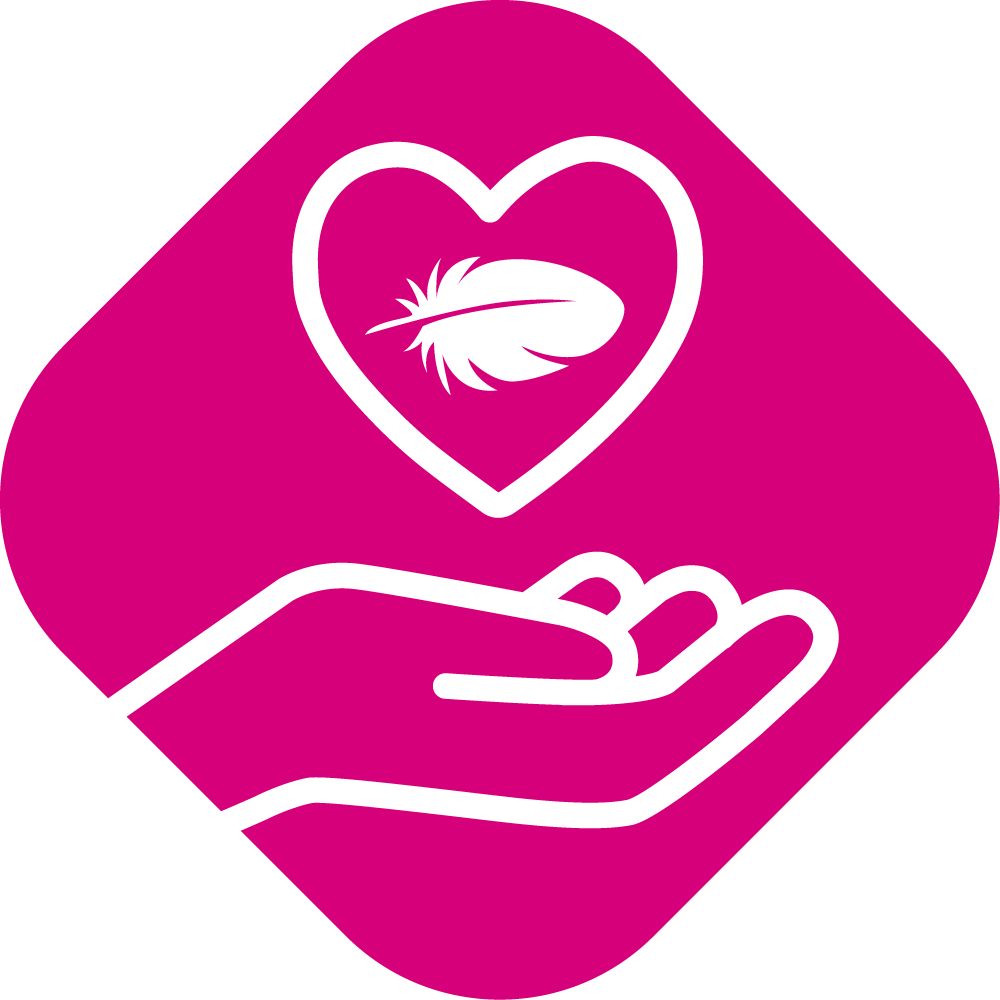 Symbol of a hand holding a heart with a feather to visualize that the product is skin-friendly