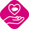 Symbol of a hand holding a heart with a feather to visualize that the product is skin-friendly