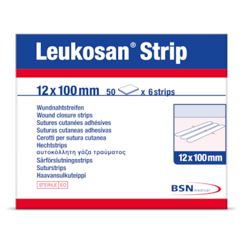 Vista frontale della confezione Leukoplast Leukosan Strip