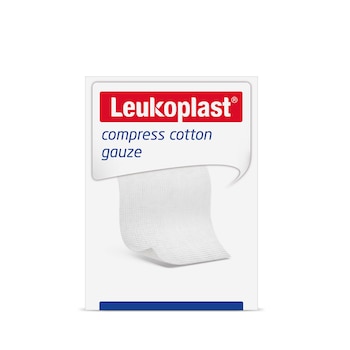 Front packshot shot of Leukoplast compress cotton gauze