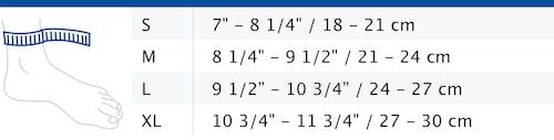 Size chart showing measurements for Actimove Everyday Supports Ankle Support
