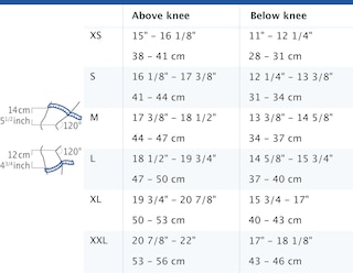 Size chart showing measurements for Actimove Professional Line GenuMotion Knee Support