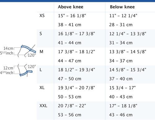 Size chart showing measurements for Actimove Professional Line GenuMotion Knee Support