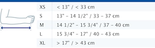Size chart showing measurements for Actimove Professional Line Umerus Comfort Shoulder Immobilizer
