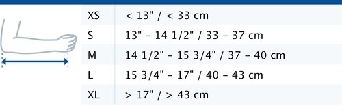 Size chart showing measurements for Actimove Professional Line Umerus Comfort Shoulder Immobilizer
