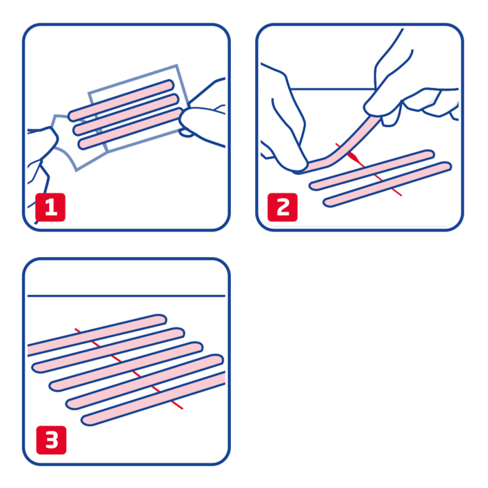 Leukoplast wound closure strip – Gebrauchsanweisung1. Ziehen Sie die Streifen einzeln von der Folie ab.2. Bringen Sie sie vertikal in Richtung zur Wunde an.3. Lassen Sie zwischen den einzelnen Streifen gleichmäßig große Freiräume.