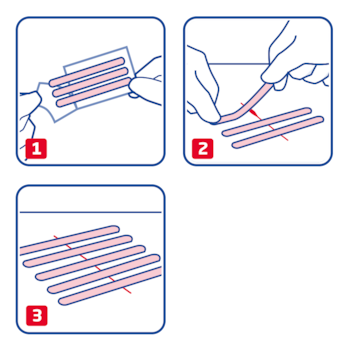 Leukoplast wound closure strip usage instructions
1. Remove strips individually from the foil.
2. Fix vertically to the direction of the wound.
3. Maintain equal gaps between the individual strips.
