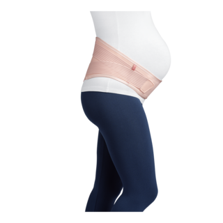Close-up view from belly to knee of a pregnant woman wearing a rose-colored JOBST Maternity Support Belt.