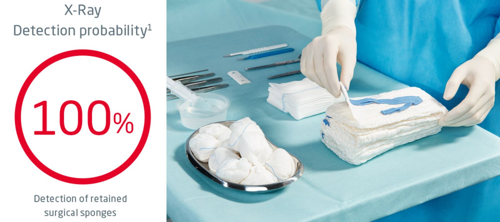 A pair of white gloved hands picks up Leukoplast swab abdominal from a pile, next to a tray of Leukoplast swab ball gauzes on a surgical table.