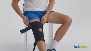 How to put on the Knee Brace with Adjustable Horseshoe, Simple Hinges and Condyle Pads: Step inside your brace, pull it up your leg and secure the straps
